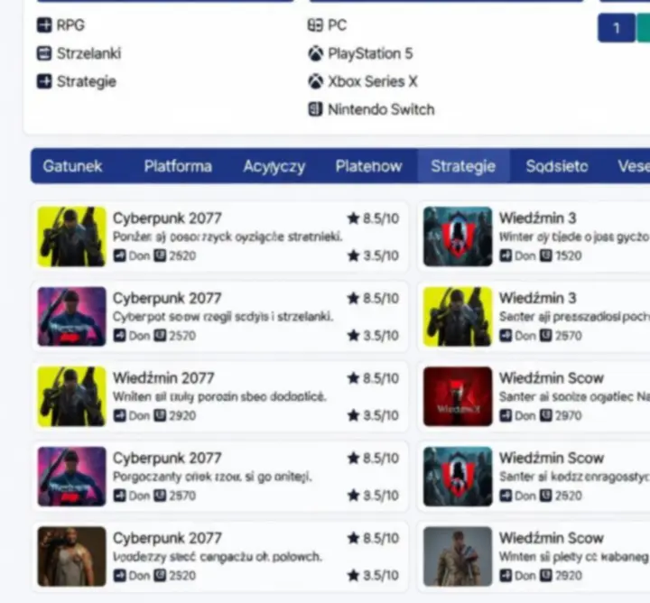Interfejs filtrowania gier na portalu Gaming Review Base