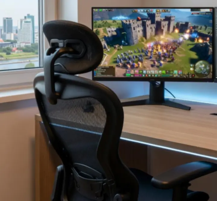 Ergonomiczne stanowisko gracza z biurkiem i monitorem